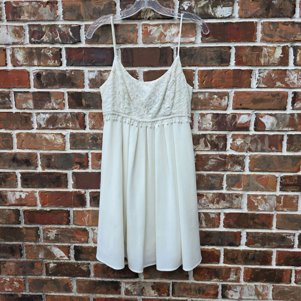 Vintage Ivory Lace Chiffon Beaded Spaghetti Strap Dress Women's Size S Formal